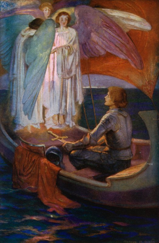 Tennyson-dikt: Sir Galahad (farge litho) av English School