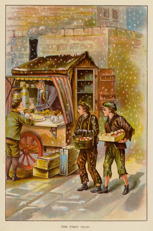Den første snøen (farge litho) av English School