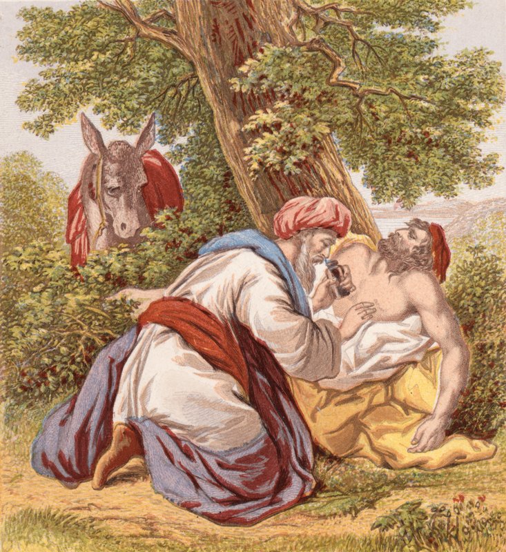 Den barmhjertige samaritan (farget gravering) av English School