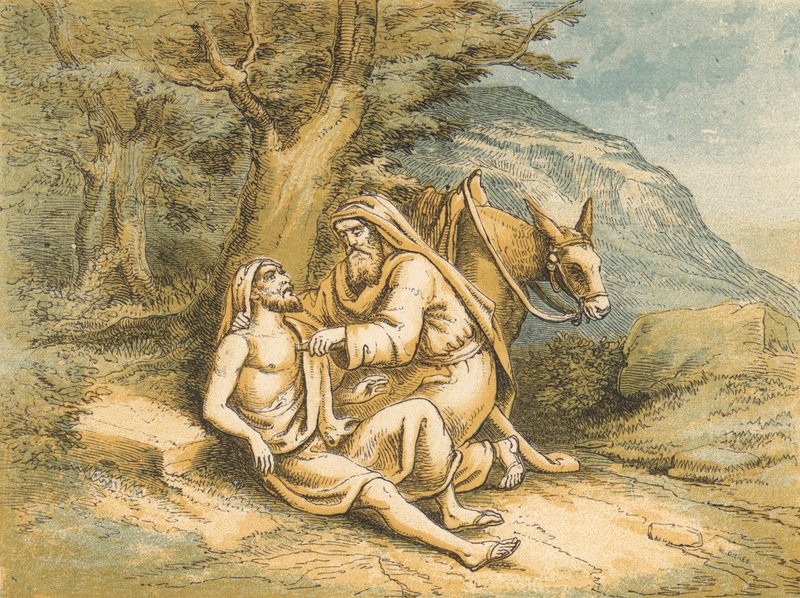 Den barmhjertige samaritan (farget gravering) av English School