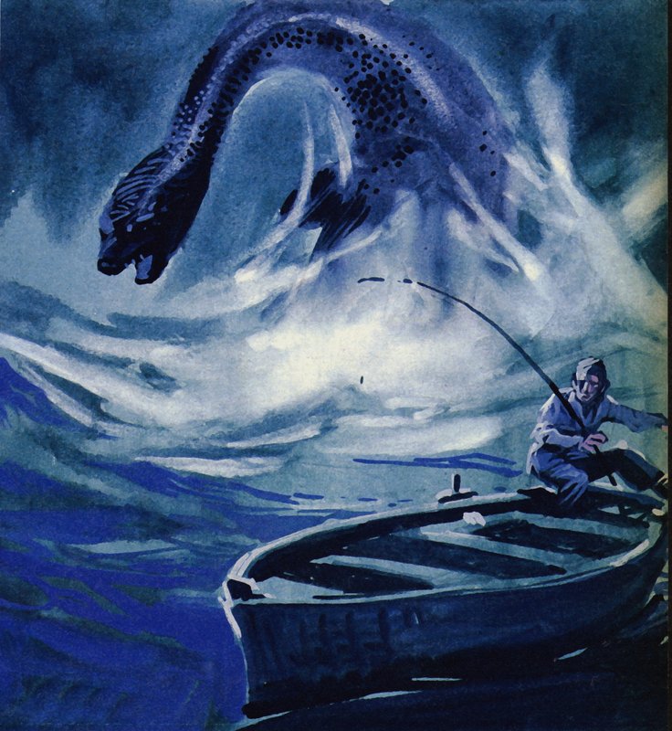 Loch Ness-monsteret angriper en fisker av English School