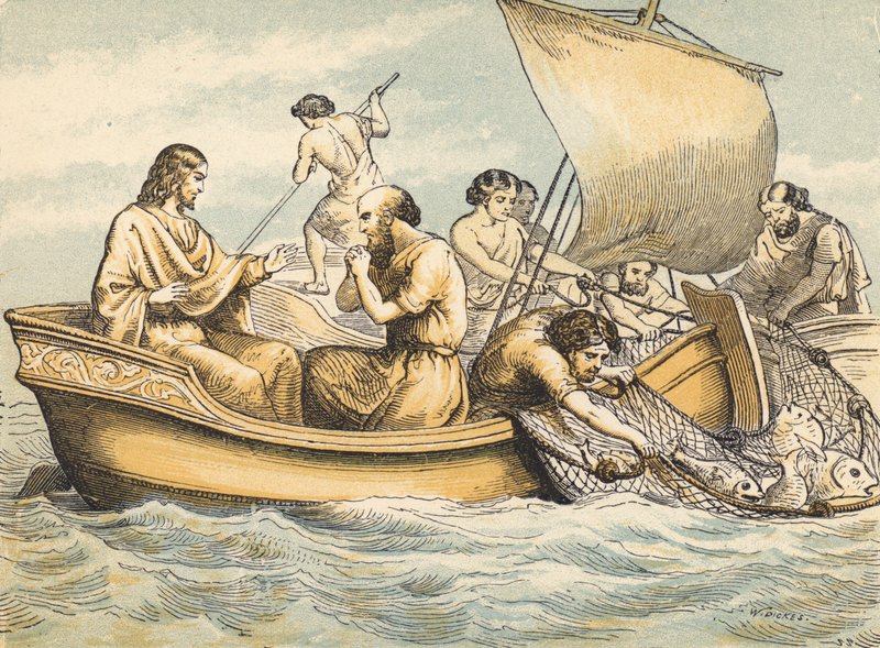 The Miraculous Draft of Fishes (farget gravering) av English School
