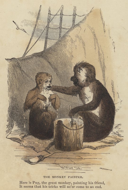 Monkey Painter (farget gravering) av English School