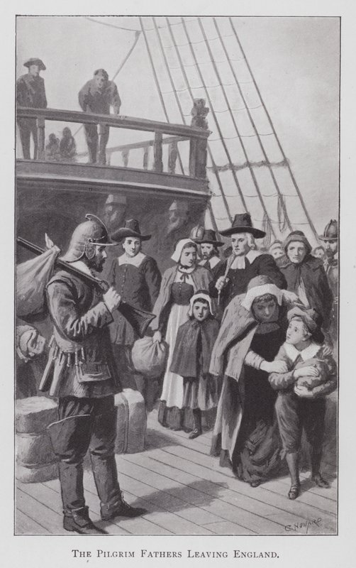 Pilgrimsfedrene forlater England (litho) av English School