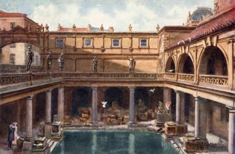 The Roman Baths, Bath (farge litho) av English School
