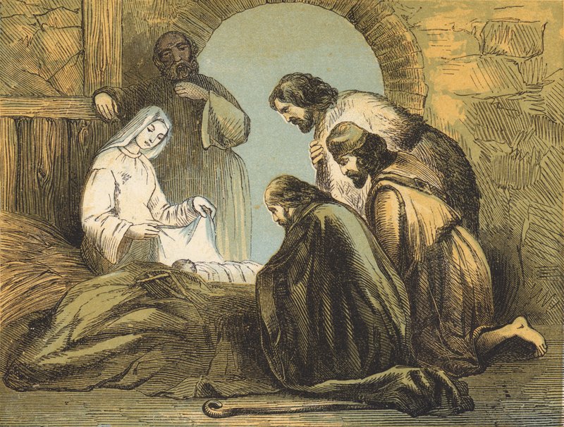 Hyrdene finner Jesus (farget gravering) av English School