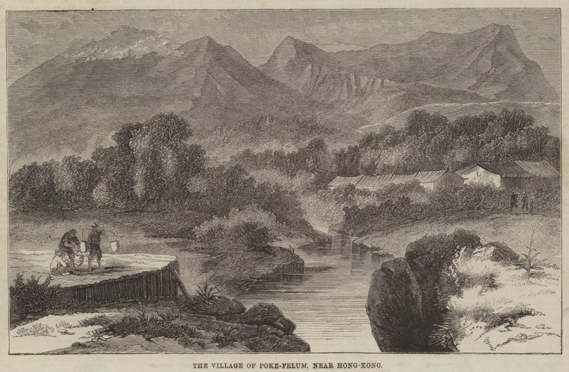 Landsbyen Poke-Felum, nær Hong-Kong (gravering) av English School