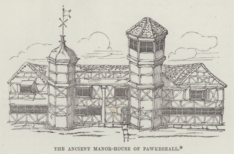Den gamle herregården til Fawkeshall (gravering) av English School