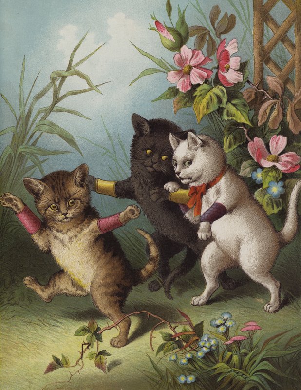 Tre små kattunger i en hage (chromolitho) av English School