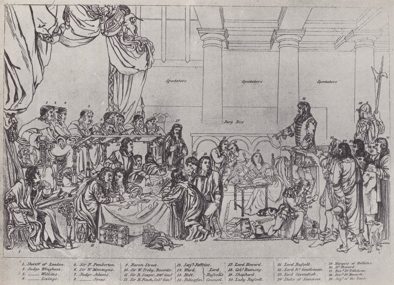 Rettssak mot Lord William Russell (litho) av English School
