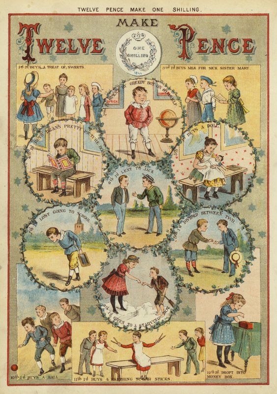 Tolv pence utgjør én shilling (chromolitho) av English School