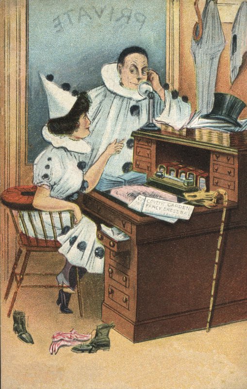 To klovner på et kontor (farge litho) av English School