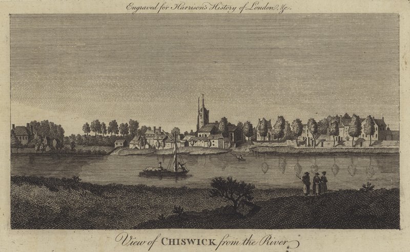 Utsikt over Chiswick fra elven (gravering) av English School