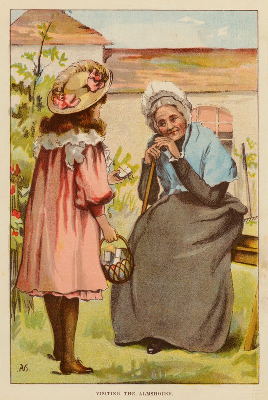 Besøke Almshouse (farge litho) av English School
