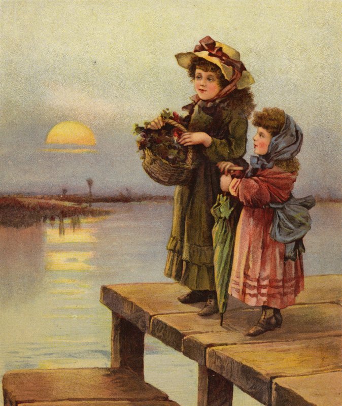 Venter på fergen (farge litho) av English School