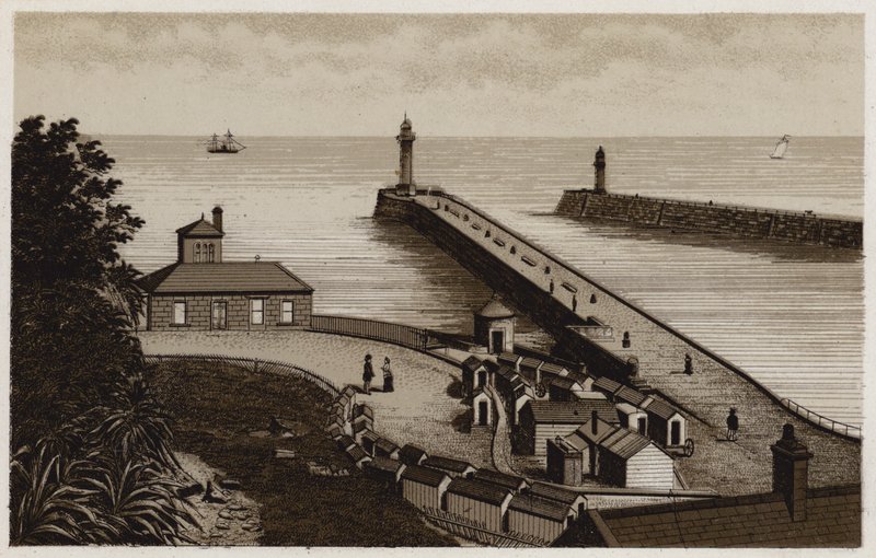 Whitby-inngang til havnen (litho) av English School