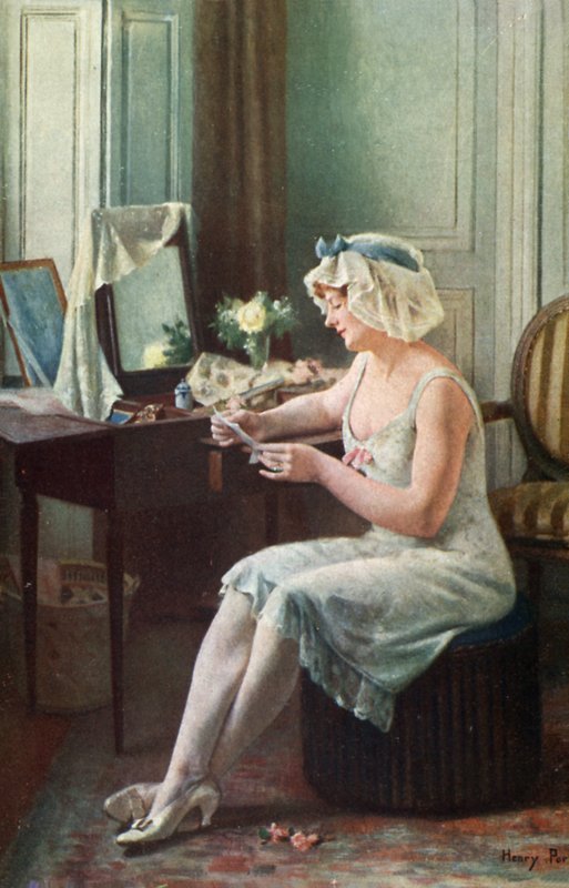 Kvinne leser et brev (farge litho) av English School