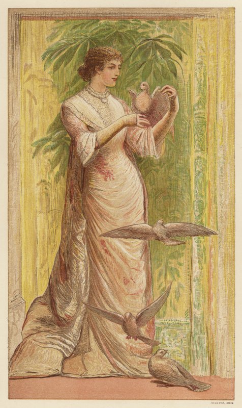 Kvinne med duer (farge litho) av English School