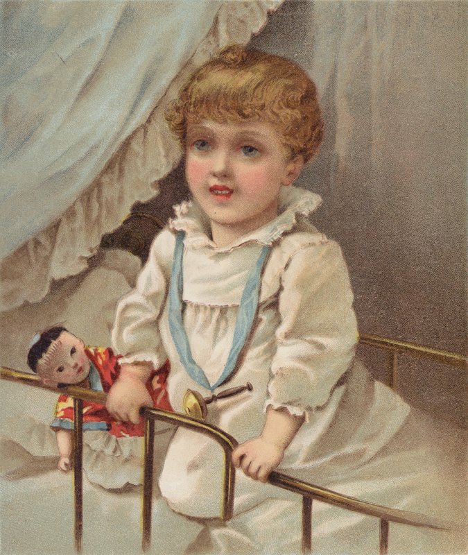Små barn i barneseng (chromolitho) av English School