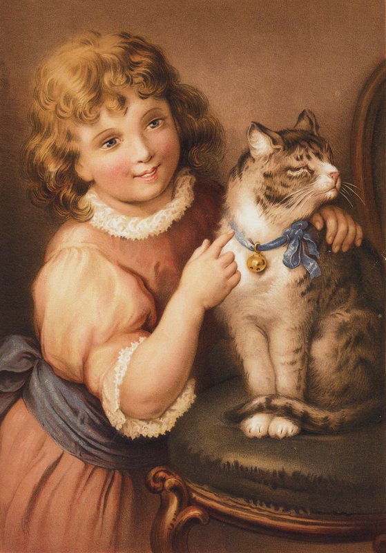 Ung jente med en katt (chromolitho) av English School