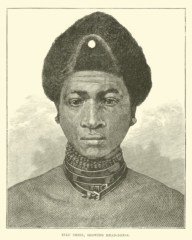 Zulu-høvding, viser hodeplagg av English School