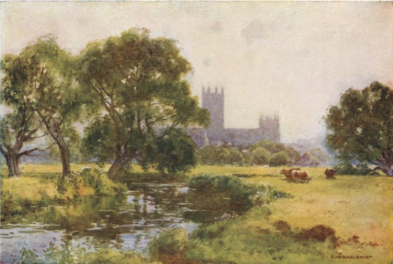 Canterbury fra Stour (farge litho) av Ernest William Haslehust