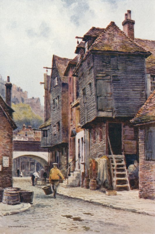 Fishermen's Quarter, Folkestone (farge litho) av Ernest William Haslehust