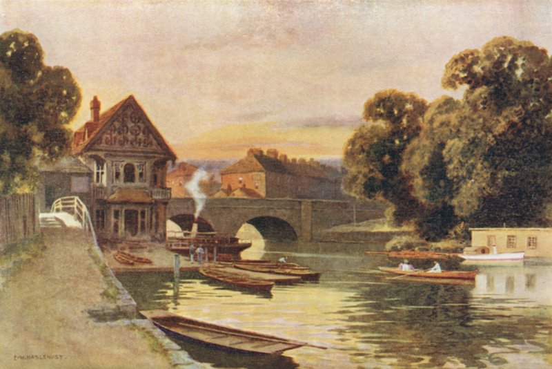Folly Bridge, Oxford (farge litho) av Ernest William Haslehust