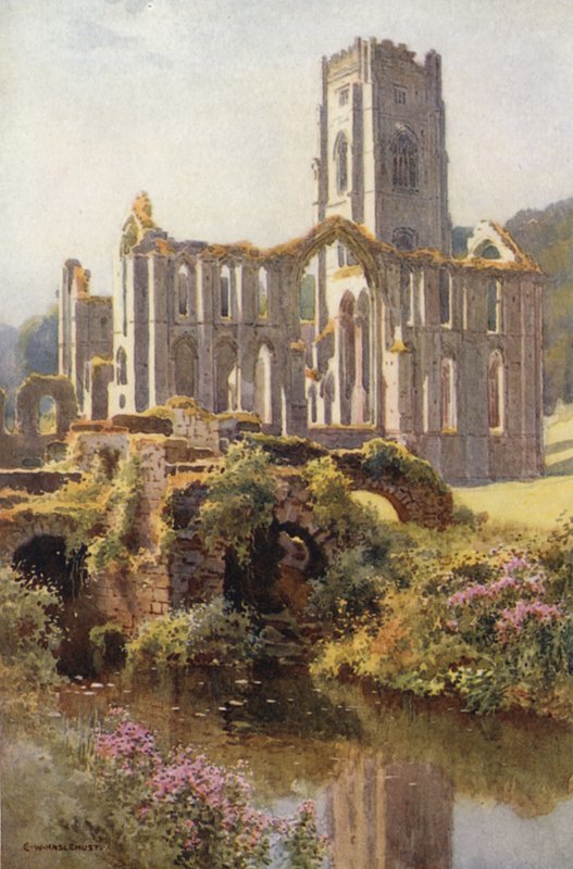 Fountains Abbey (farge litho) av Ernest William Haslehust
