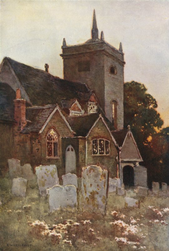 Minstead Church (farge litho) av Ernest William Haslehust