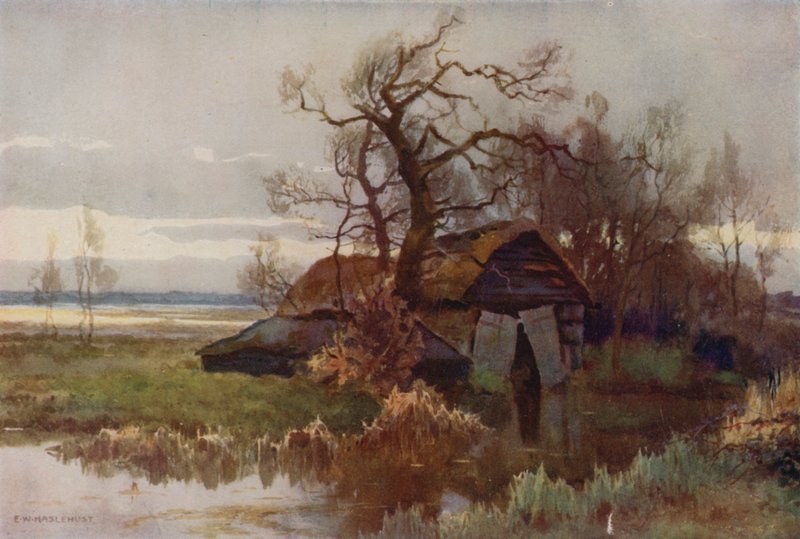 Old Boat-Houses, Barton Broad (farge litho) av Ernest William Haslehust