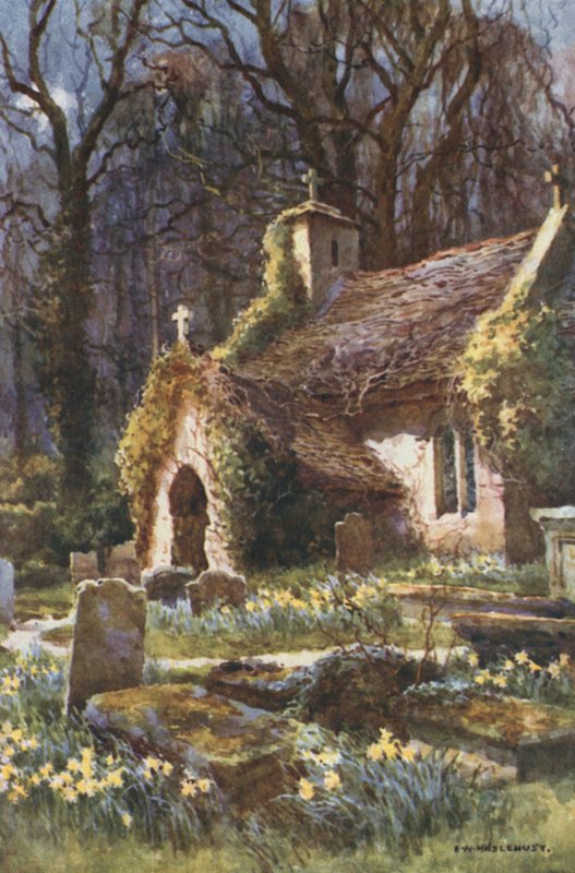 Den gamle kirken, Bonchurch (farge litho) av Ernest William Haslehust