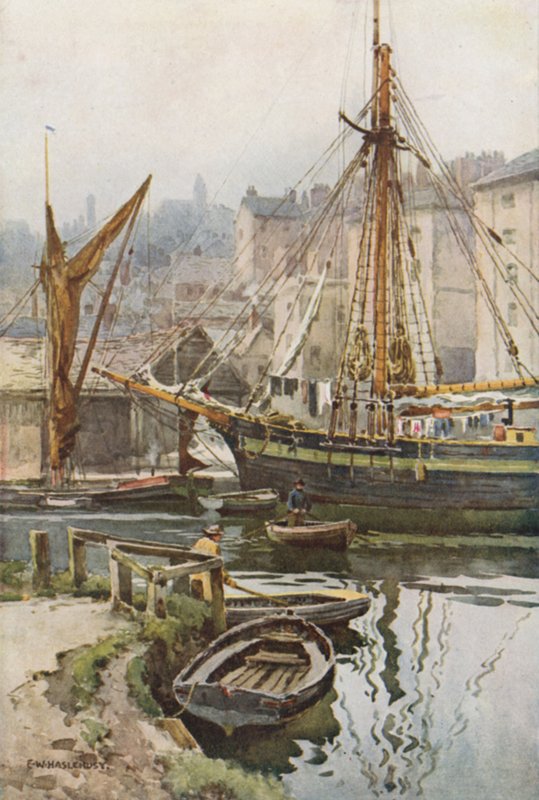 The Quay at Exeter (farge litho) av Ernest William Haslehust