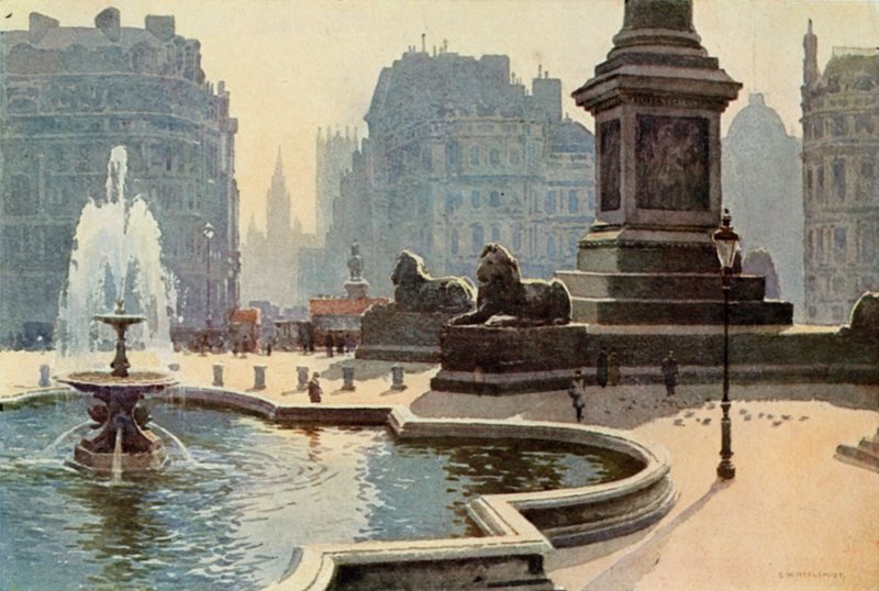 Trafalgar Square (farge litho) av Ernest William Haslehust
