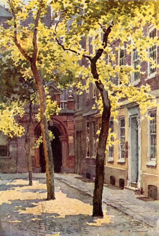 Garderobeplass, Blackfriars (farge litho) av Ernest William Haslehust