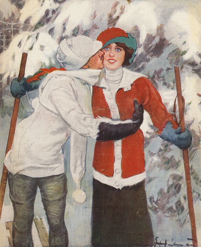 Par på ski om vinteren (farge litho) av Ernst (after) Heilemann