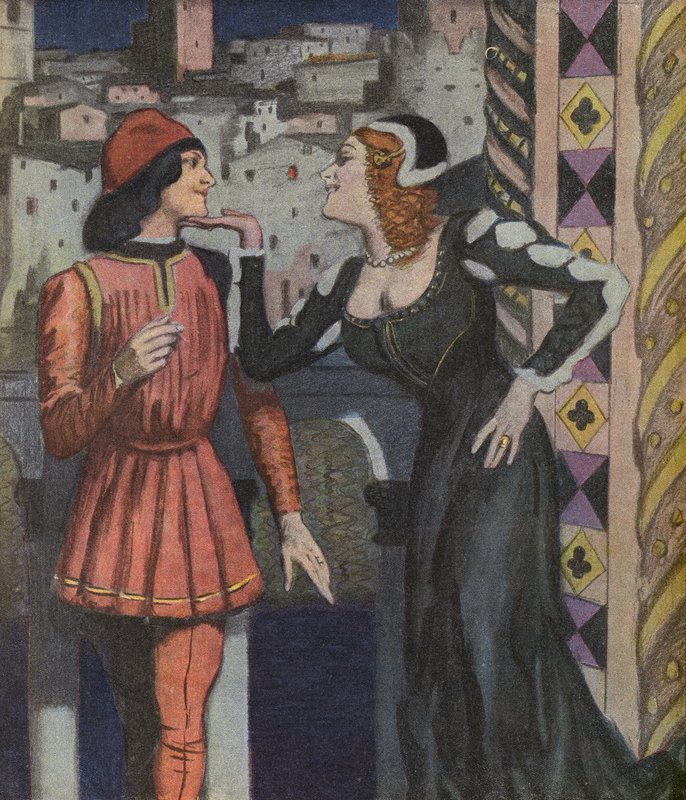 Florentinsk flørt (farge litho) av Ernst (after) Heilemann