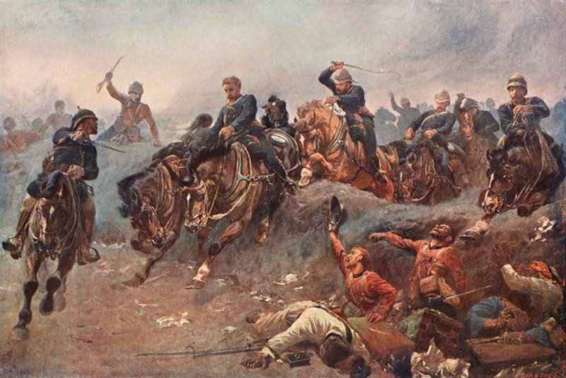 Britisk artilleri går inn i fiendens linjer i slaget ved Tel El Kebir, Egypt, 1882 av Esteban Márquez de Velasco