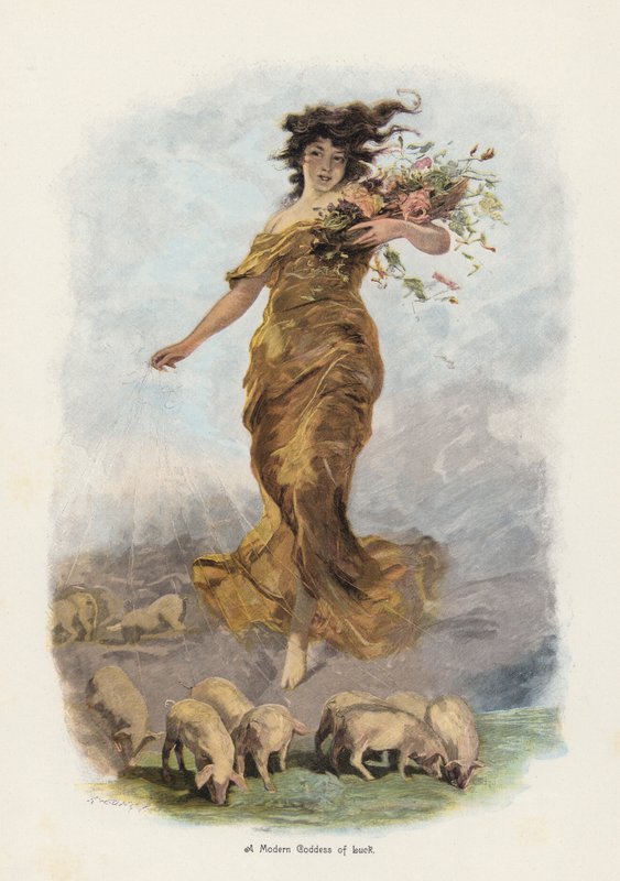 En moderne lykkegudinne (farge litho) av European School