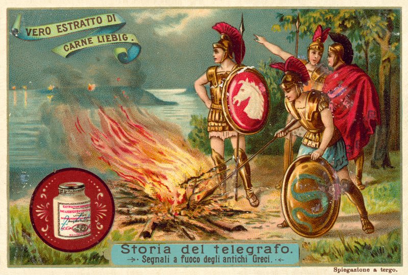 Gamle grekere signaliserer med ild (chromolitho) av European School