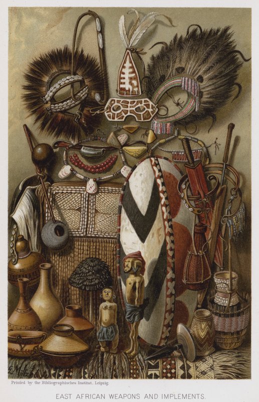 Østafrikanske våpen og redskaper (chromolitho) av European School