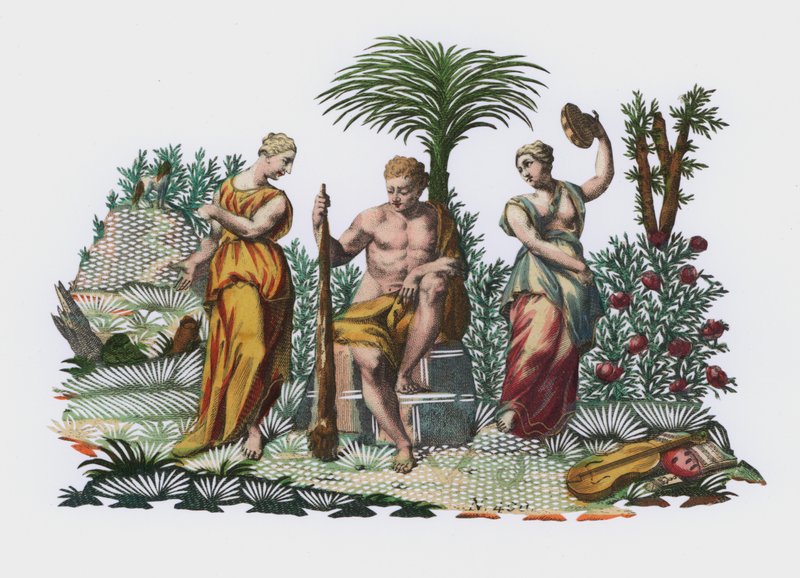 Herakles i en hage (farget gravering) av European School
