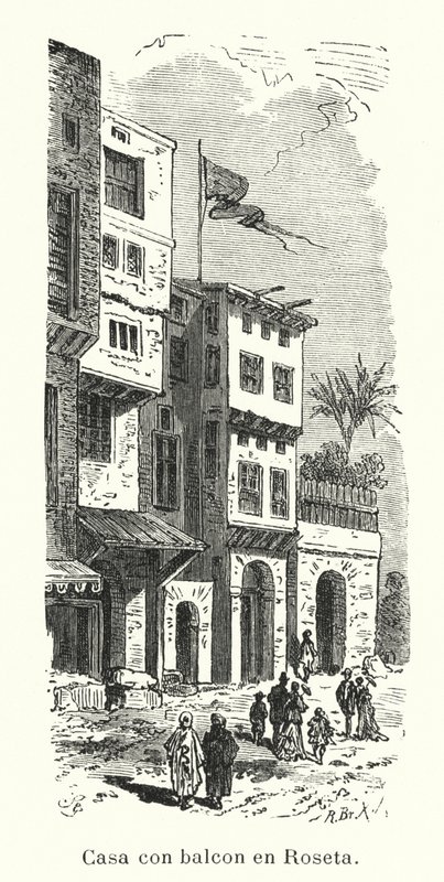 Hus med balkong i Rosetta, Egypt (litho) av European School