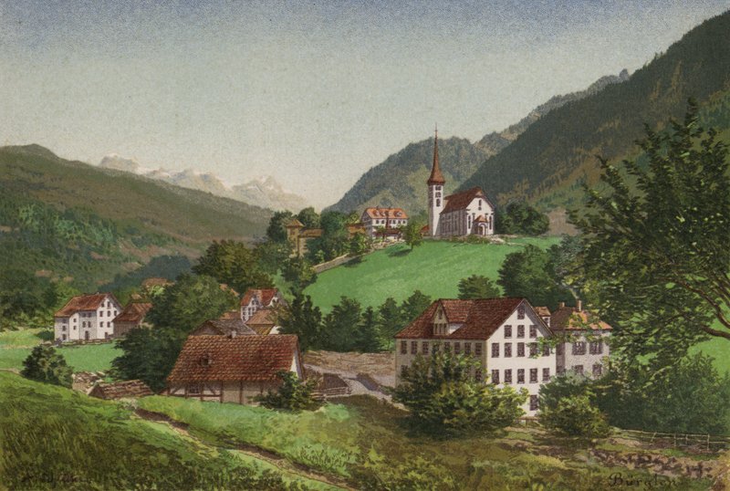 Vierwaldstättersee: Burglen (farge litho) av European School