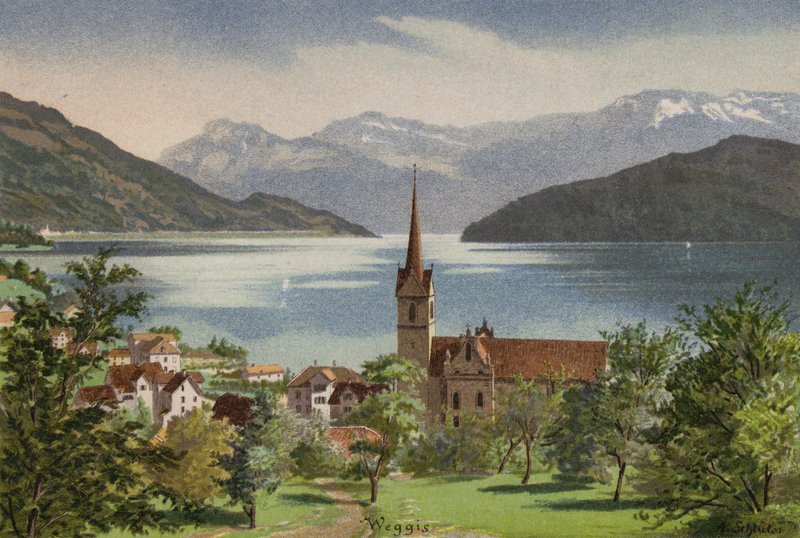 Vierwaldstättersee: Weggis (farge litho) av European School