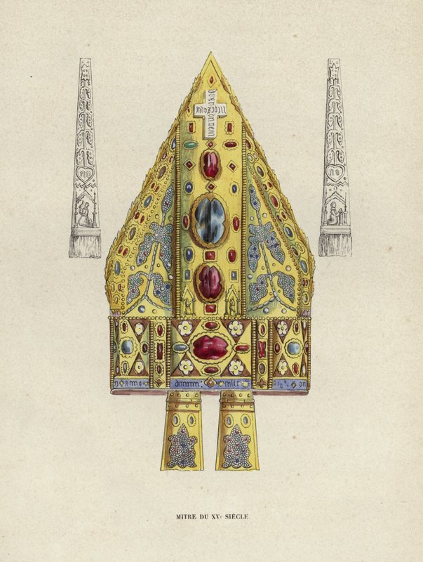 15th Century Mitre (farget gravering) av European School