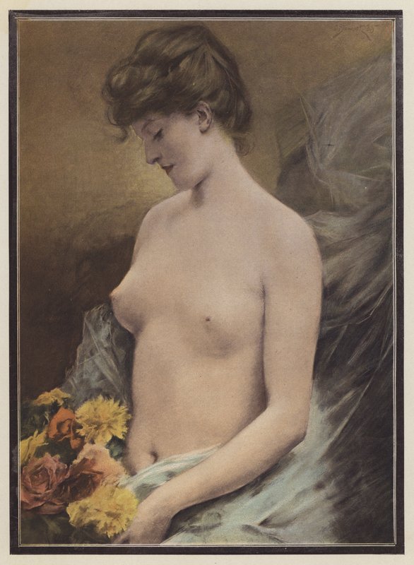 Naken kvinne med blomster (farge litho) av European School