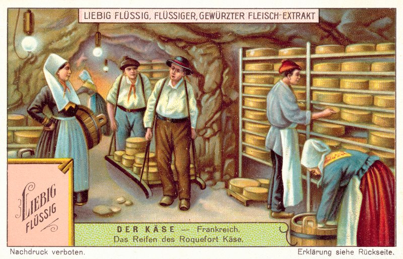 Roquefort-oster som modnes i Frankrike (chromolitho) av European School