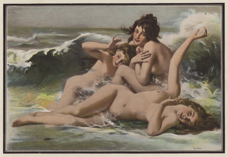 Tre kvinner blant bølgene (farge litho) av European School