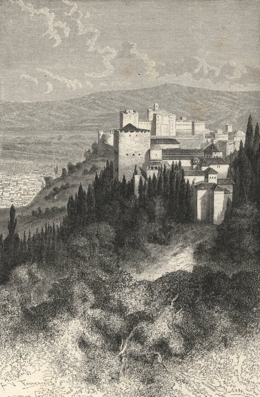 Utvendig utsikt over Alhambra (gravering) av European School